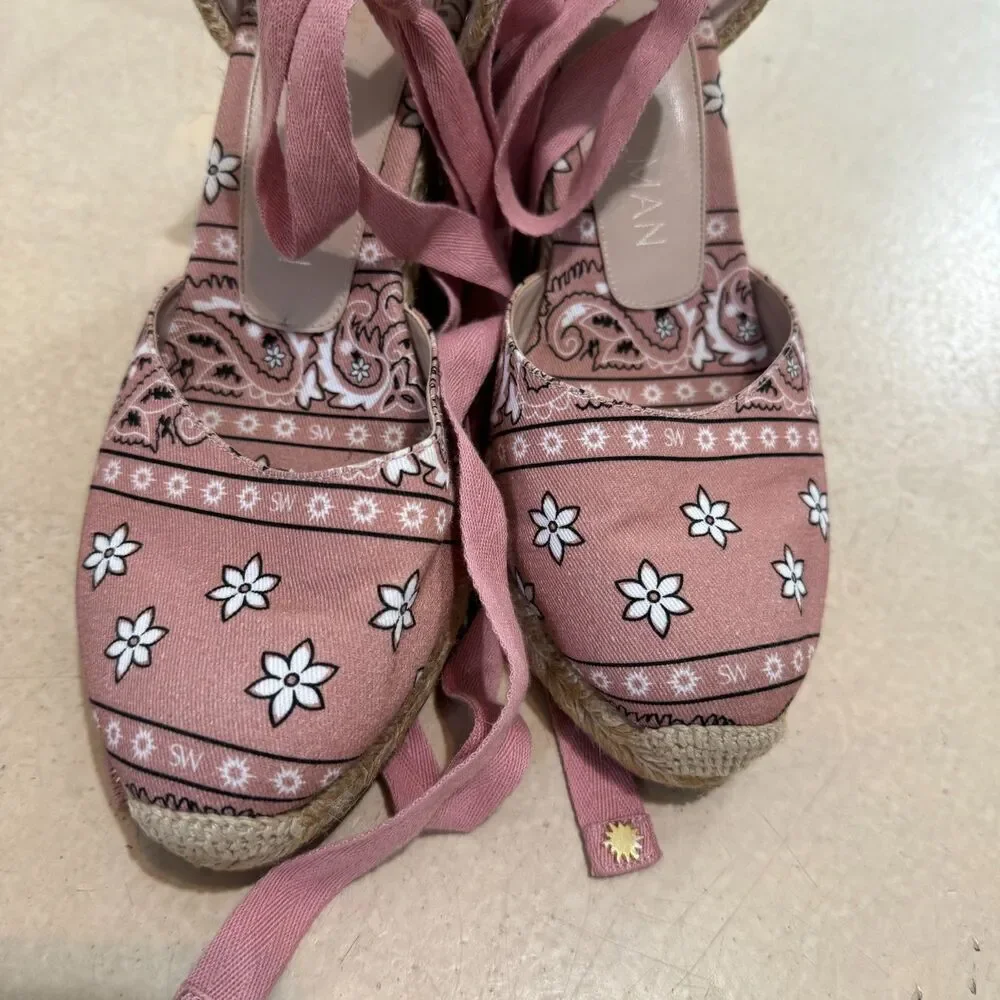 Stuart Weitzman Sandals Wedge Espadrille Bandana Print Pink Women sz 8.5